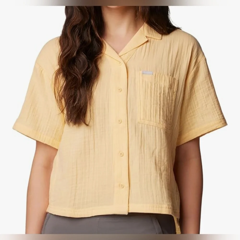 COLUMBIA Women's Holly Hideaway Breezy Short Sleeve Top - Size M - Yellow (NWT) - Picture 1 of 13